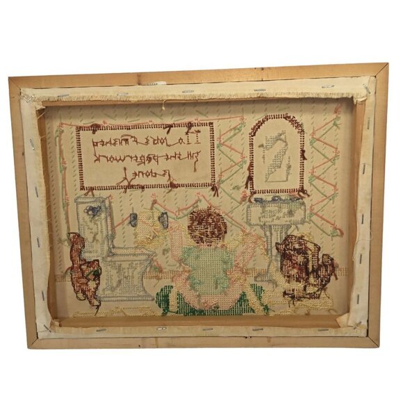 Vintage Finished Framed Cross Stitch No Job is Finished Paperwork Cat Sampler - Picture 11 of 11